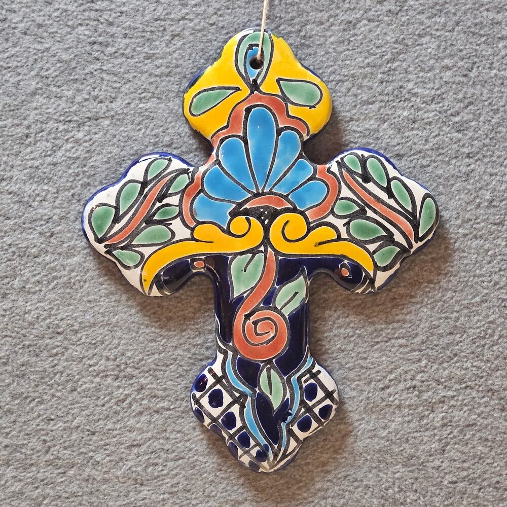 Mexican Talavera Ceramic Wall Cross Hand Painted Floral Folk Art Decor